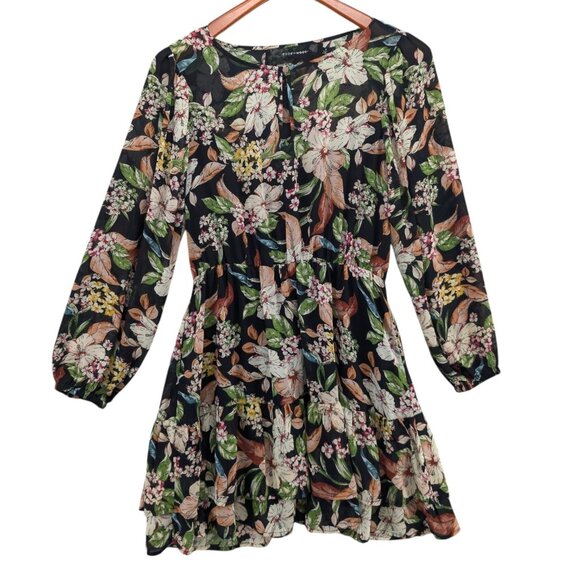 Code x Mode Floral Chiffon Dress Black Multicolor Long Sleeve Layered Size M - Picture 1 of 10
